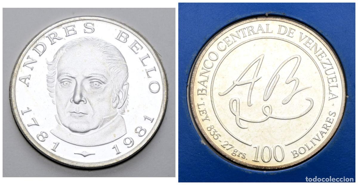 Moedas antigas da Europa: VENEZUELA. 100 Bol&iacute;vares. 1981. (Ar. 27,00g/37mm). 1981. 200 Aniversario del nacimiento de Andr&eacute;s Be