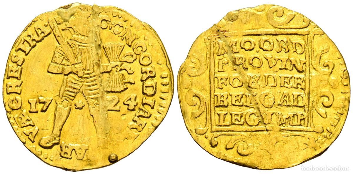 Monedas antiguas de Europa: PAISES BAJOS. Ducado. (Au. 3,51g/23mm). 1724. (Km#12.2; Friedberg 250). MBC+. Doblez central. Escaso