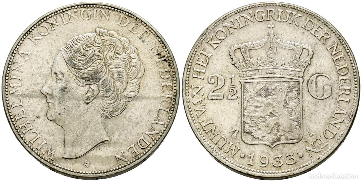 Monedas antiguas de Europa: PA&Iacute;SES BAJOS, Guillermina. 2 1/2 Gulden. (Ar. 24,99g/38mm). 1933. (Km#165). MBC+.. PA&Iacute;SES BAJOS, Gui