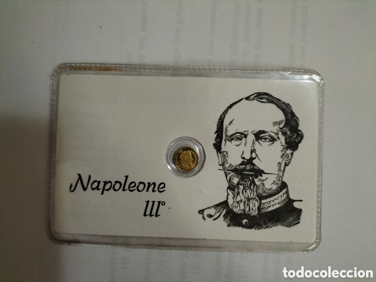 Monedas antiguas de Europa: Napoleone III cartoncino con monetina riproduzione oro 8 ka