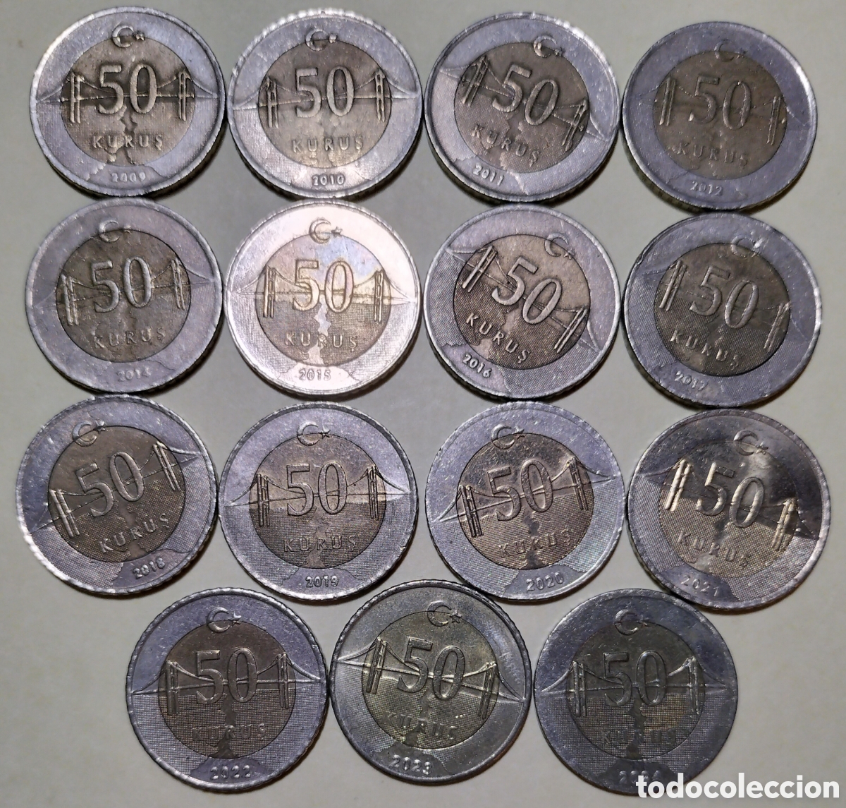 Monedas antiguas de Europa: Lote 15 Monedas Distintas 50 Kurus Turqu&iacute;a.