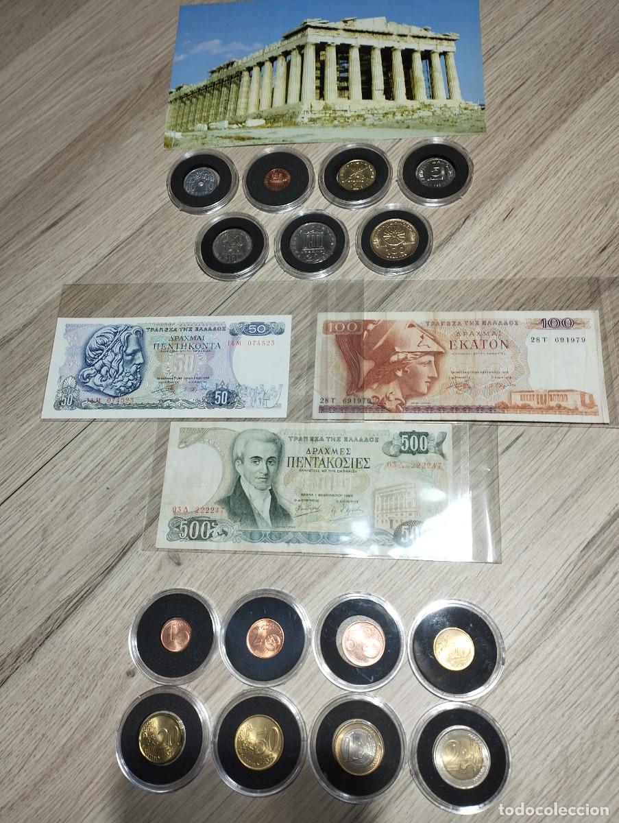Monedas antiguas de Europa: 7 monedas y 3 billetes dracma Griego.Y 8 monedas SIN CIRCULAR Euro Griego a&ntilde;o 2002