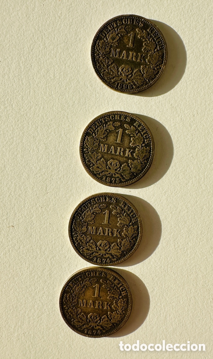 Monedas antiguas de Europa: 4 x 1 Mark Deutsches Reich 1874 1875 1896 A &ndash; Silber 900