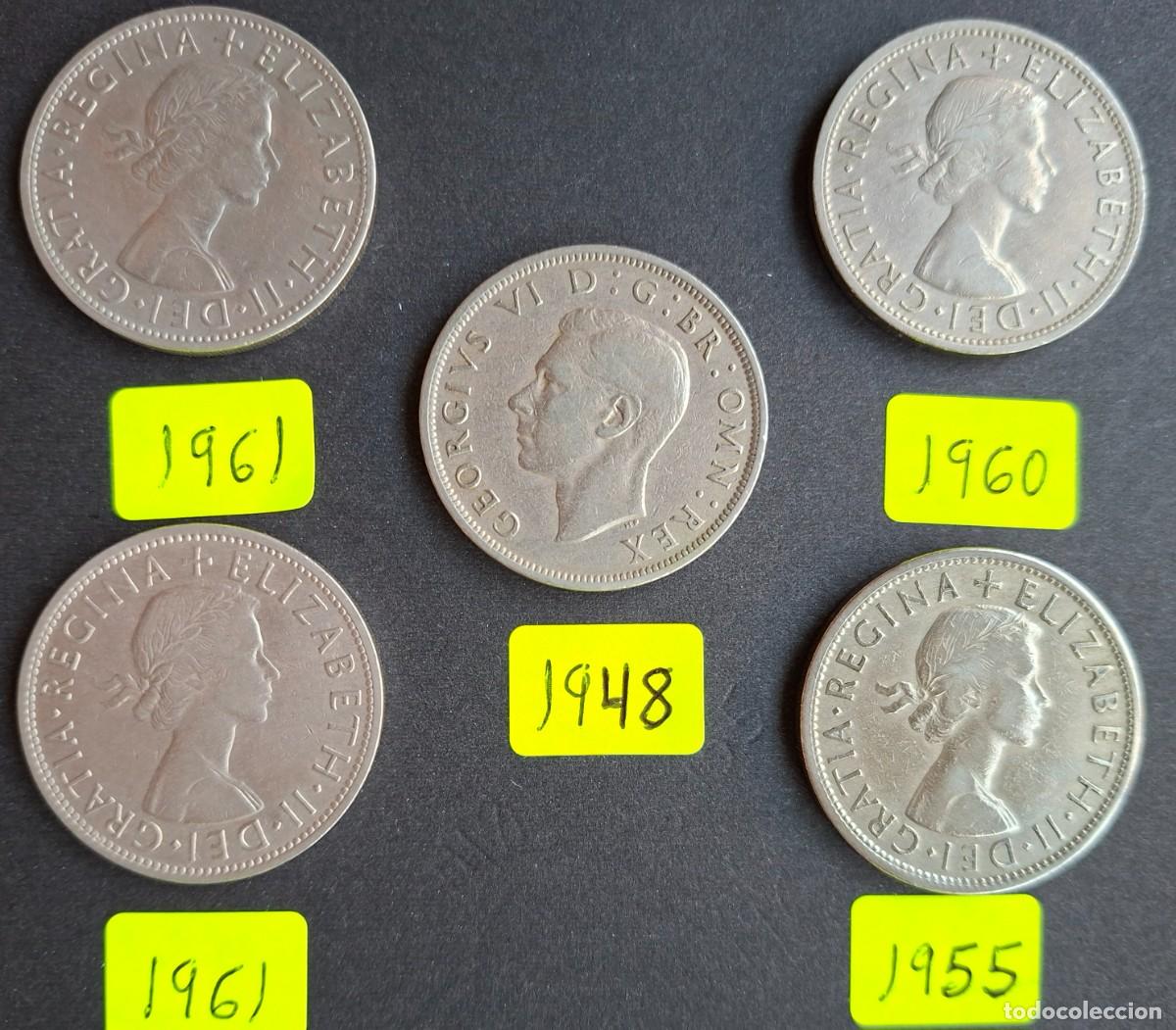 Monedas antiguas de Europa: 5 monedas de Media Corona (HALF CROWN) de Inglaterra.