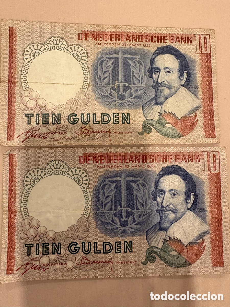 Monedas antiguas de Europa: 2 BILLETES HOLANDA 10 GULDEN 1953 &ndash; HUGO DE GROOT &ndash; PICK 85 &ndash; N&Uacute;MEROS DE SERIE
