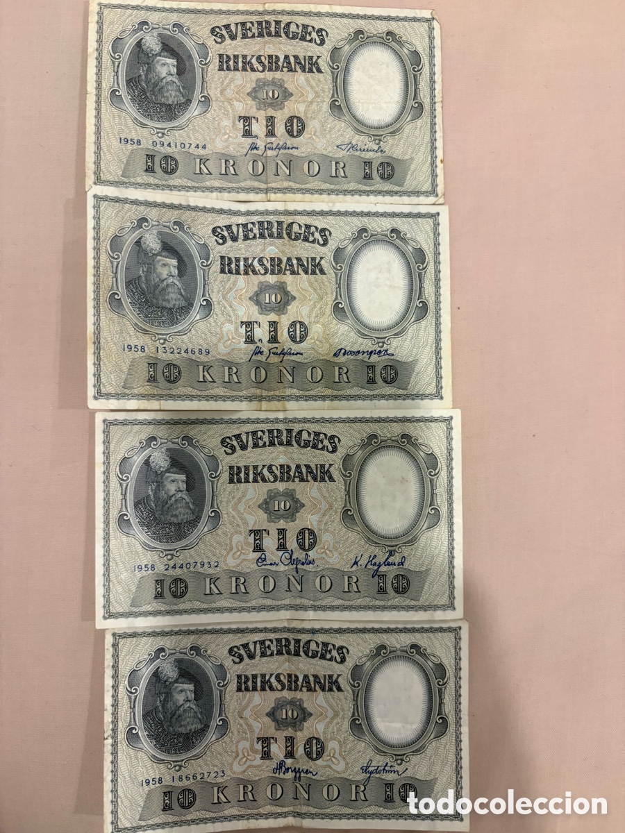 Monedas antiguas de Europa: 4 BILLETES SUECIA 10 KRONOR 1958 &ndash; GUSTAV VASA &ndash; SVERIGES RIKSBANK