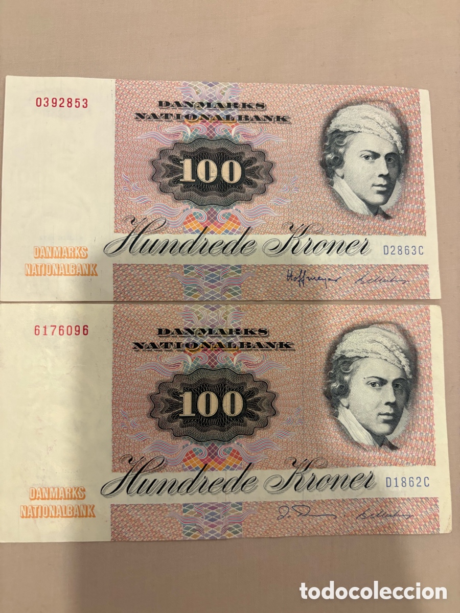 Monedas antiguas de Europa: 2 BILLETES DINAMARCA 100 KRONER &ndash; SERIE 1972 &ndash; JENS JUEL &ndash; DANMARKS NATIONALBANK