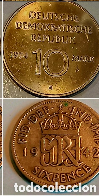 Moedas antigas da Europa: 2MONEDAS 1DE REINO UNIDO 6 SIX PENCE 1942 Gorge V Plata 500 y otra de Alemania 10 marco
