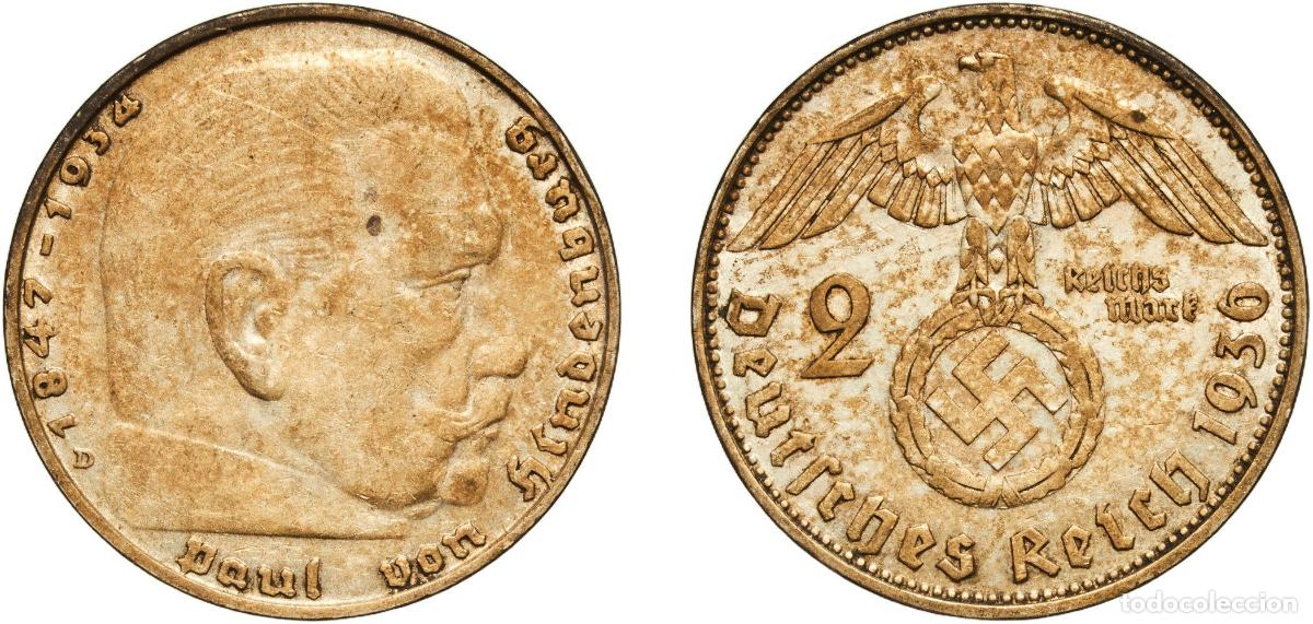 Monedas antiguas de Europa: Germany Third Reich 1936 D 2 Reichsmark (Paul von Hindenburg) Silver (.625) Munich Mint (840000) 7.