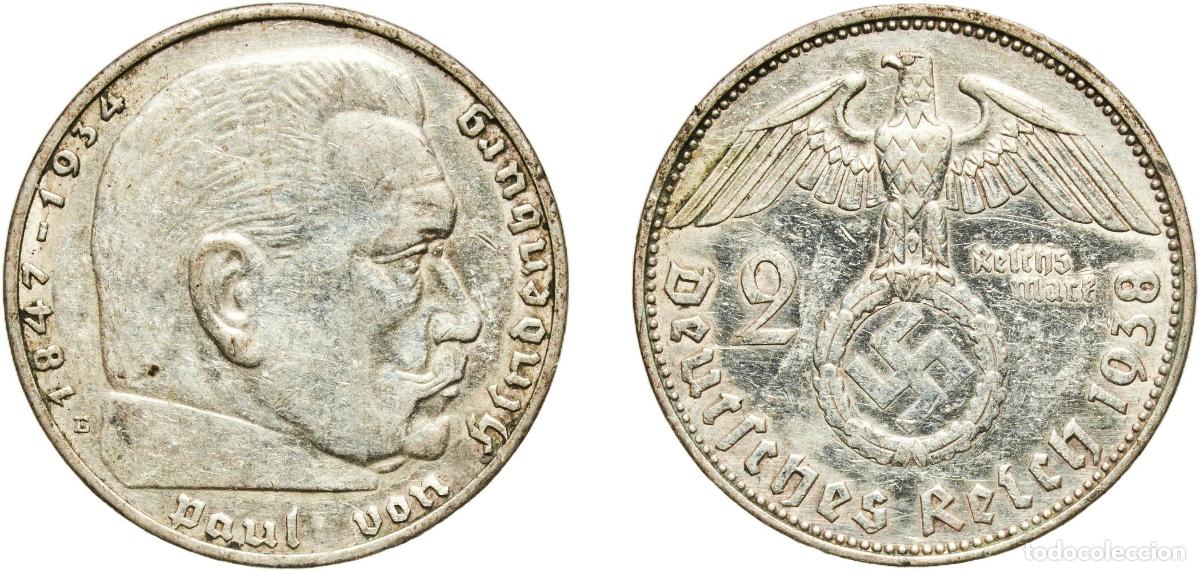 Monedas antiguas de Europa: Germany Third Reich 1938 E 2 Reichsmark (Paul von Hindenburg) Silver (.625) Muldenh&uuml;tten Mint (4730