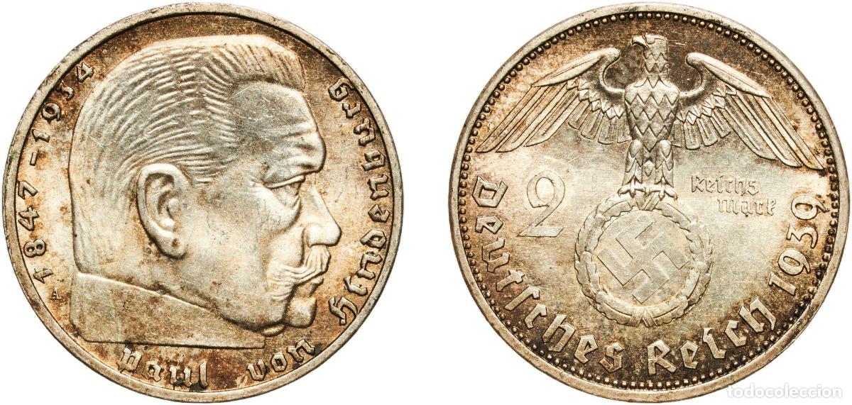 Monedas antiguas de Europa: Germany Third Reich 1939 A 2 Reichsmark (Paul von Hindenburg) Original luster Silver (.625) Berlin