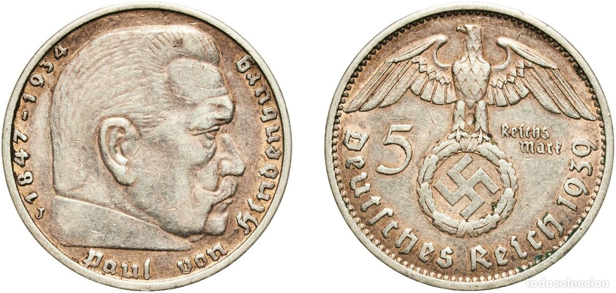 Monedas antiguas de Europa: Germany Third Reich 1939 J 5 Reichsmark (Paul von Hindenburg) Silver (.900) Hamburg Mint (1710000)
