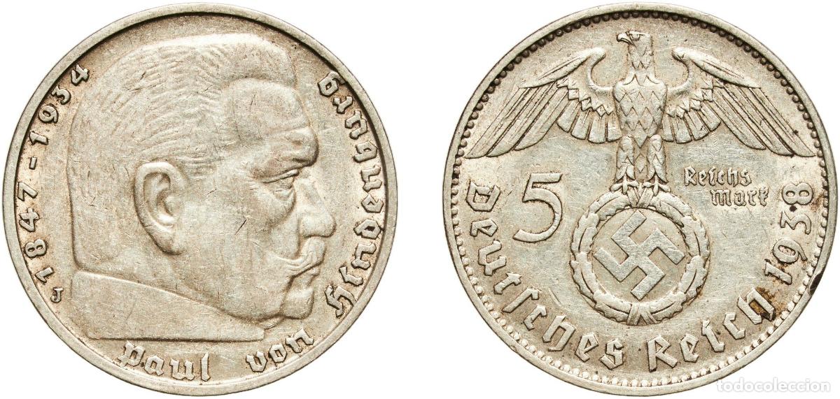 Monedas antiguas de Europa: Germany Third Reich 1938 J 5 Reichsmark (Paul von Hindenburg) Silver (.900) Hamburg Mint (1302290)