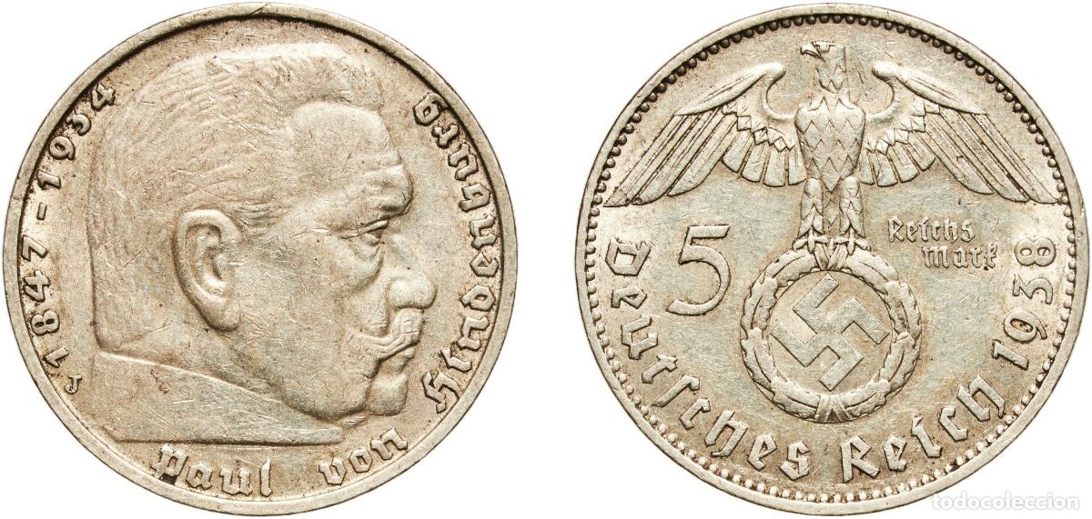 Monedas antiguas de Europa: Germany Third Reich 1938 J 5 Reichsmark (Paul von Hindenburg) Silver (.900) Hamburg Mint (1302290)