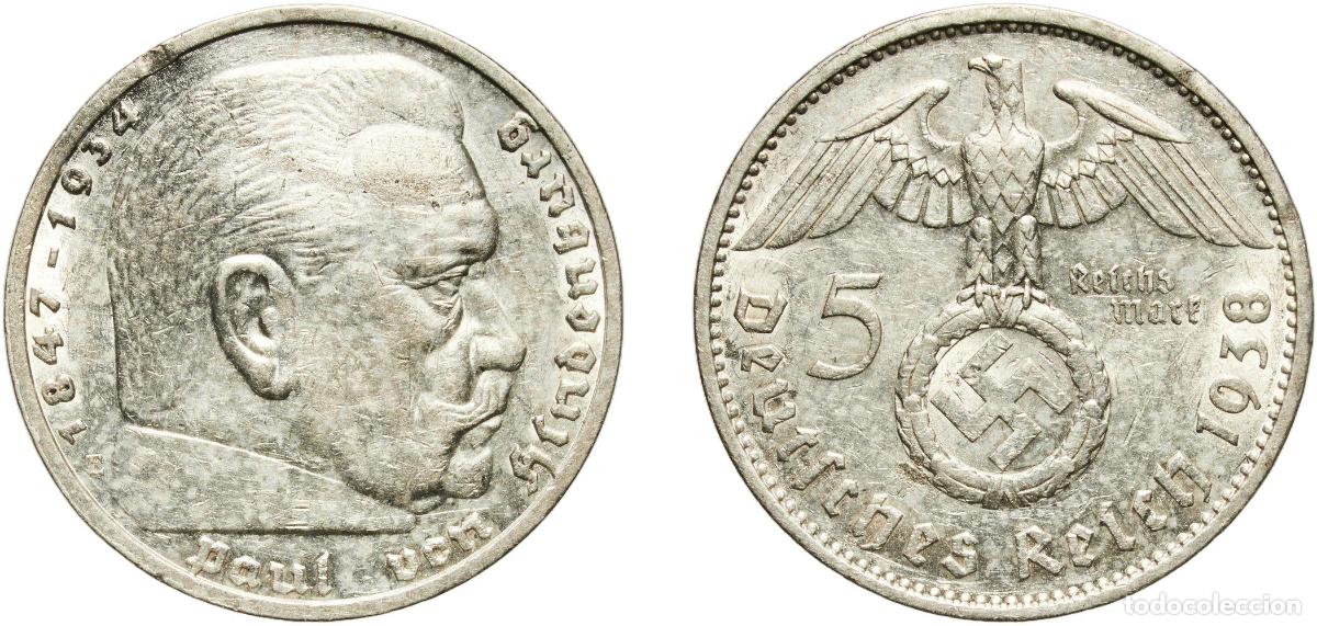 Monedas antiguas de Europa: Germany Third Reich 1938 E 5 Reichsmark (Paul von Hindenburg) Silver (.900) Muldenh&uuml;tten Mint (4246