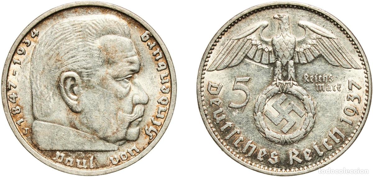 Monedas antiguas de Europa: Germany Third Reich 1937 J 5 Reichsmark (Paul von Hindenburg) Silver (.900) Hamburg Mint (2191400)