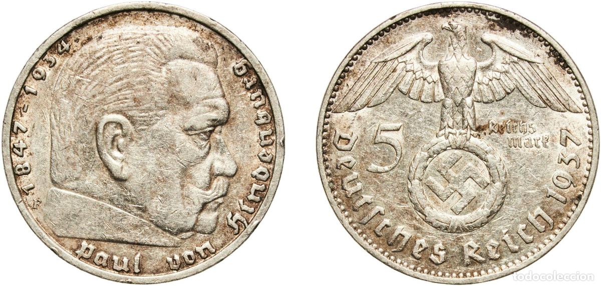 Monedas antiguas de Europa: Germany Third Reich 1937 F 5 Reichsmark (Paul von Hindenburg) Silver (.900) Staatliche M&uuml;nze Baden-