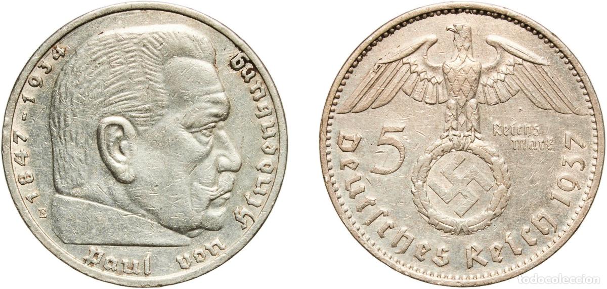 Monedas antiguas de Europa: Germany Third Reich 1937 E 5 Reichsmark (Paul von Hindenburg) Silver (.900) Muldenh&uuml;tten Mint (1490
