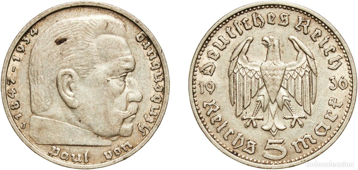 Monedas antiguas de Europa: Germany Third Reich 1936 J 5 Reichsmark (Paul von Hindenburg) Silver (.900) Hamburg Mint (3705800)
