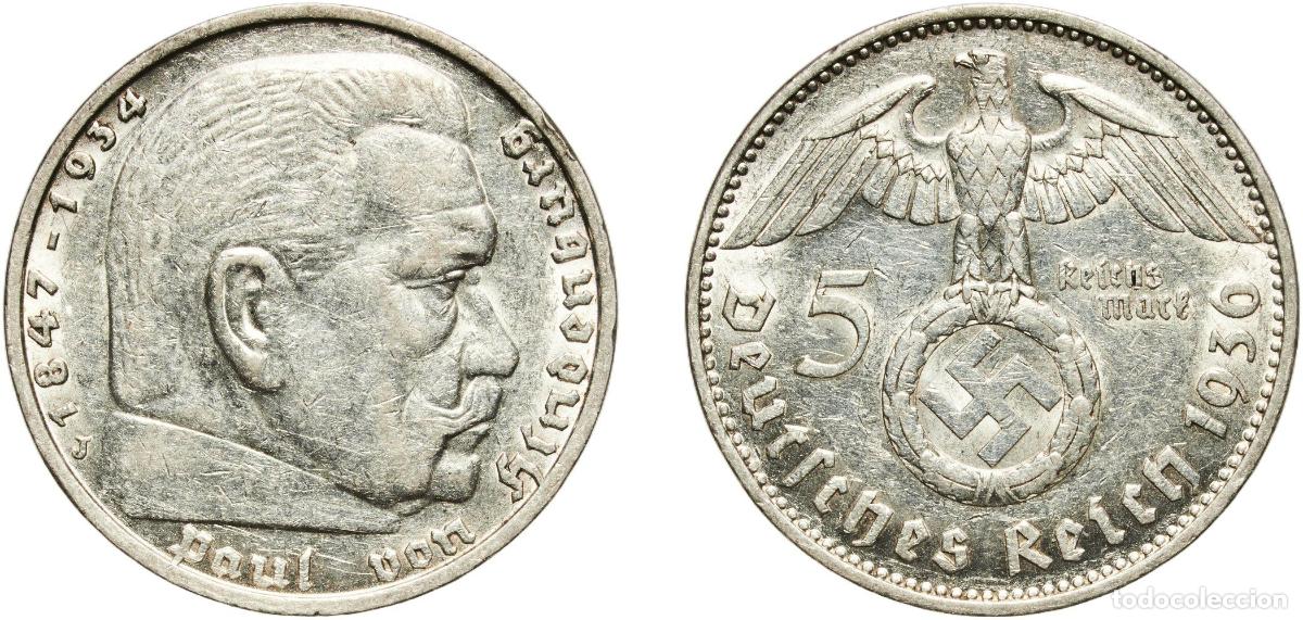 Monedas antiguas de Europa: Germany Third Reich 1936 J 5 Reichsmark (Paul von Hindenburg) Silver (.900) Hamburg Mint (640000) 1