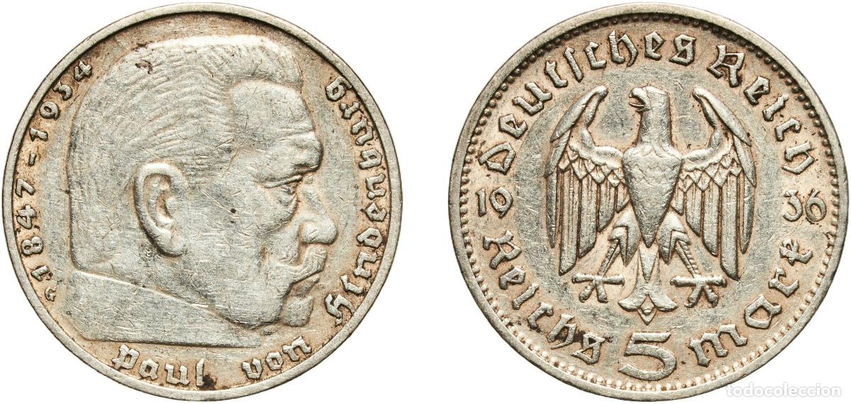 Monedas antiguas de Europa: Germany Third Reich 1936 G 5 Reichsmark (Paul von Hindenburg) Silver (.900) Staatliche M&uuml;nze Baden-