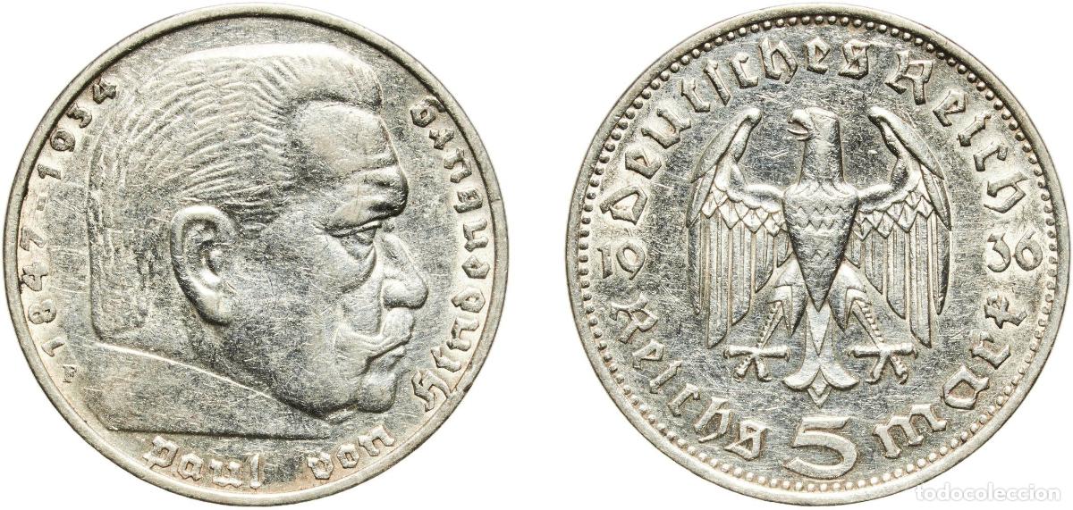 Monedas antiguas de Europa: Germany Third Reich 1936 F 5 Reichsmark (Paul von Hindenburg) Silver (.900) Staatliche M&uuml;nze Baden-