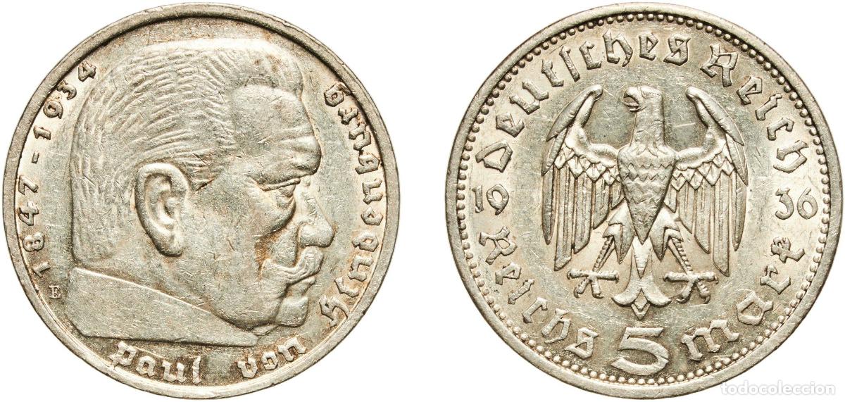 Monedas antiguas de Europa: Germany Third Reich 1936 E 5 Reichsmark (Paul von Hindenburg) Silver (.900) Muldenh&uuml;tten Mint (3320