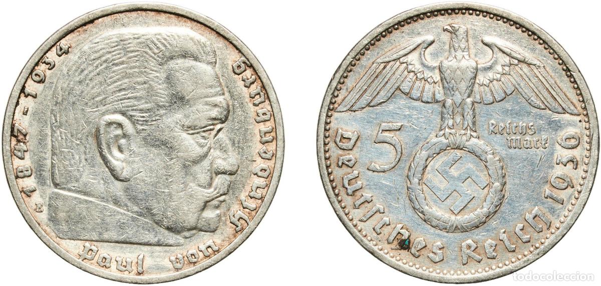 Monedas antiguas de Europa: Germany Third Reich 1936 E 5 Reichsmark (Paul von Hindenburg) Silver (.900) Muldenh&uuml;tten Mint (8700