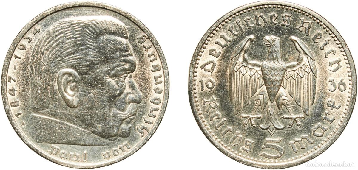 Monedas antiguas de Europa: Germany Third Reich 1936 A 5 Reichsmark (Paul von Hindenburg) Silver (.900) Berlin Mint (8429999) 1