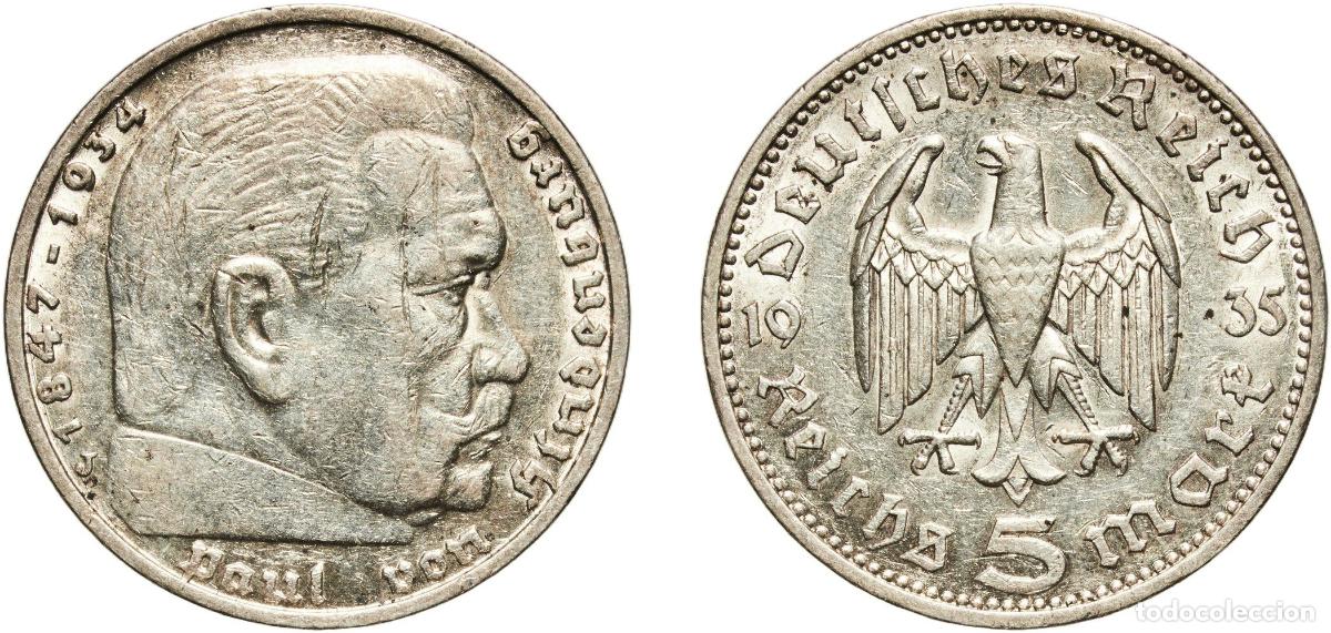 Monedas antiguas de Europa: Germany Third Reich 1935 J 5 Reichsmark (Paul von Hindenburg) Silver (.900) Hamburg Mint (2830200)