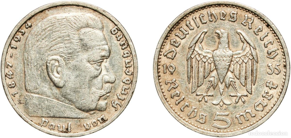 Monedas antiguas de Europa: Germany Third Reich 1935 E 5 Reichsmark (Paul von Hindenburg) Silver (.900) Muldenh&uuml;tten Mint (3260