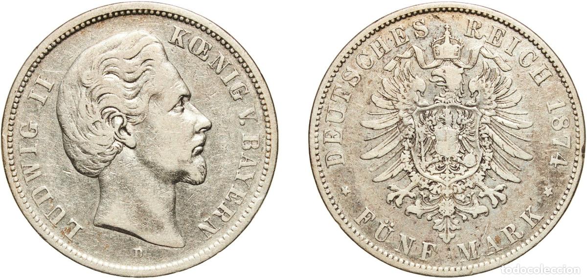 Monedas antiguas de Europa: Germany Kingdom of Bavaria German states 1874 D 5 Mark - Ludwig II Silver (.900) Munich Mint (84960