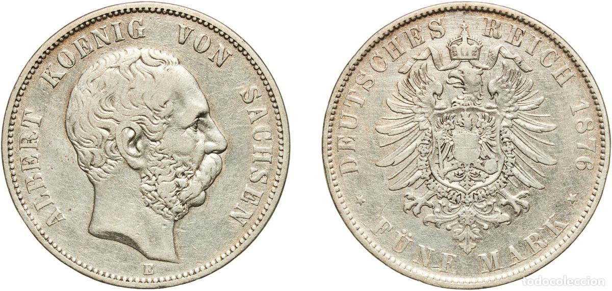 Monedas antiguas de Europa: Germany Kingdom of Saxony Second Empire 1876 E 5 Mark - Albert Silver (.900) Muldenh&uuml;tten Mint (635