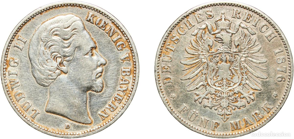 Monedas antiguas de Europa: Germany Kingdom of Bavaria German states 1876 D 5 Mark - Ludwig II Silver (.900) Munich Mint (11295