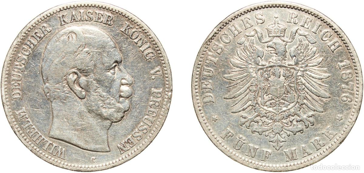 Monedas antiguas de Europa: Germany Kingdom of Prussia Second Empire 1876 C 5 Mark - Wilhelm I Silver (.900) (Ag 900, Cu 100) F