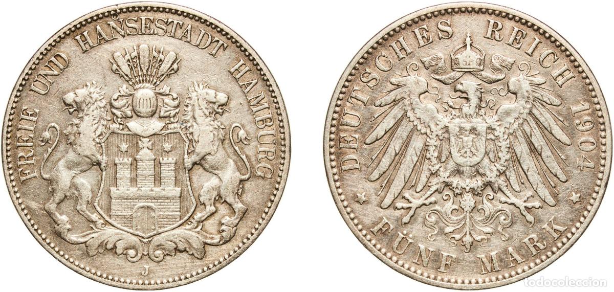 Monedas antiguas de Europa: Germany Free Hanseatic city of Hamburg Second Empire 1904 J 5 Mark Silver (.900) (319000) 27.66g VF