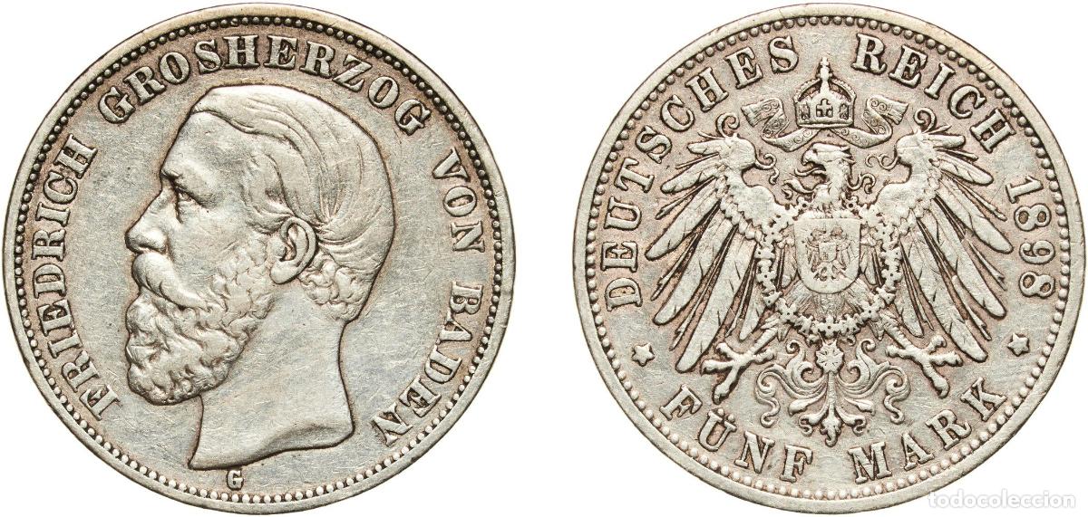 Monedas antiguas de Europa: Germany Grand Duchy of Baden Second Empire 1898 G 5 Mark - Frederick I Silver (.900) Staatliche M&uuml;n