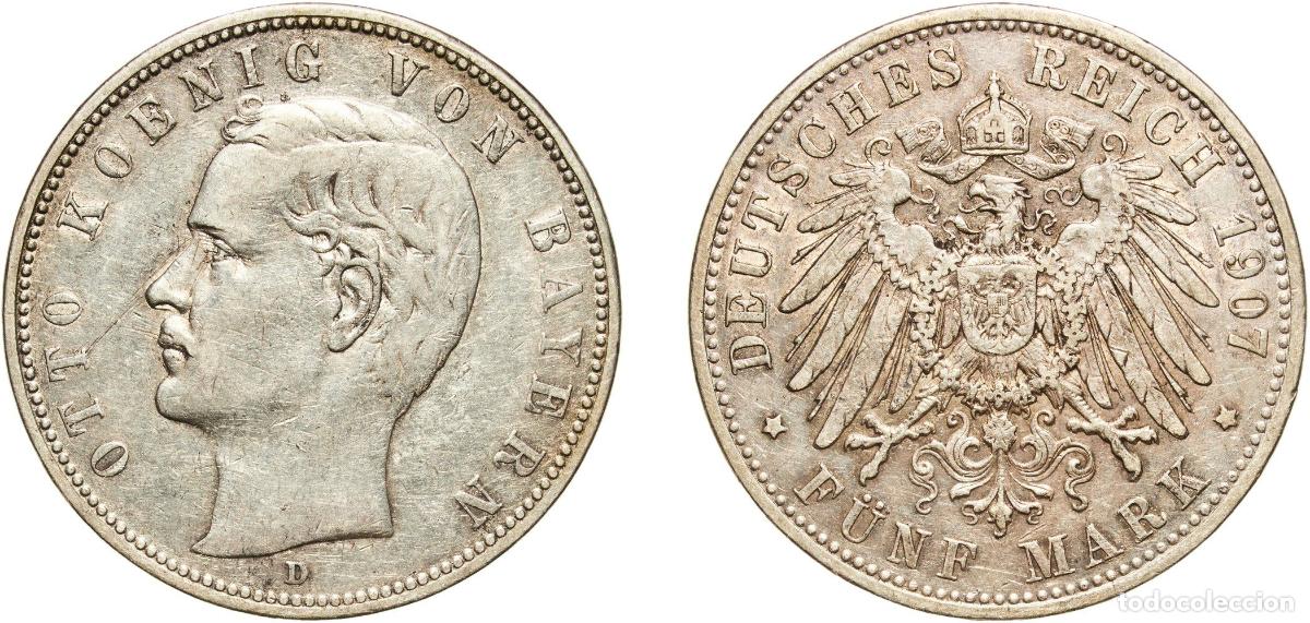 Monedas antiguas de Europa: Germany Kingdom of Bavaria Second Empire 1907 D 5 Mark - Otto Silver (.900) Munich Mint (752653) 27