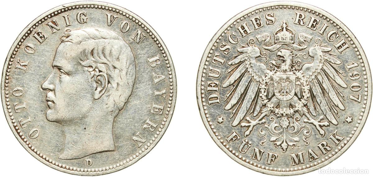 Monedas antiguas de Europa: Germany Kingdom of Bavaria Second Empire 1907 D 5 Mark - Otto Silver (.900) Munich Mint (752653) 27