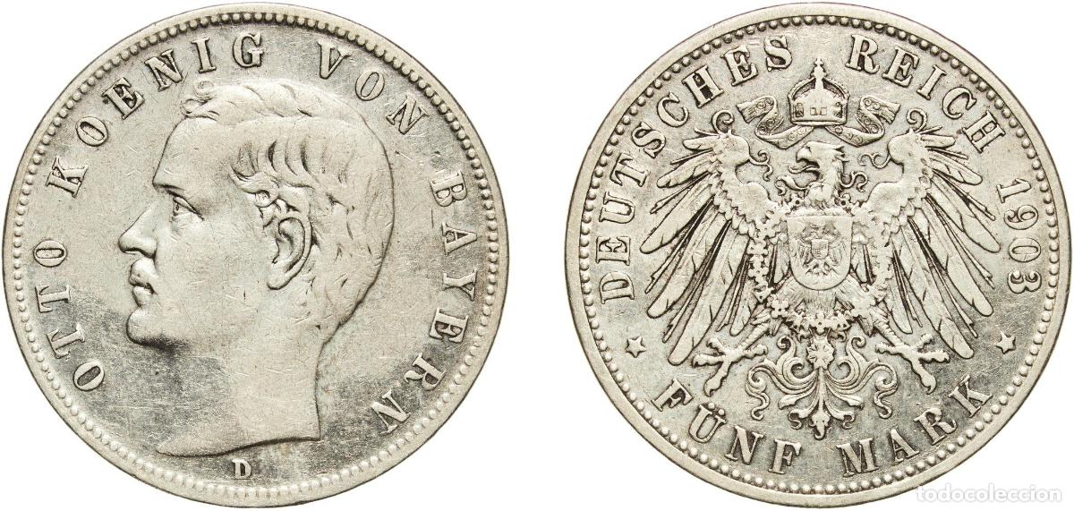 Monedas antiguas de Europa: Germany Kingdom of Bavaria Second Empire 1903 D 5 Mark - Otto Silver (.900) Munich Mint (1012097) 2