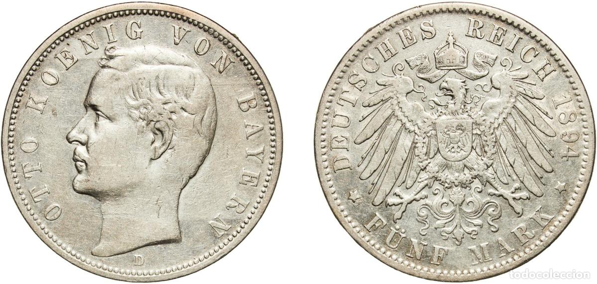 Monedas antiguas de Europa: Germany Kingdom of Bavaria Second Empire 1894 D 5 Mark - Otto Silver (.900) Munich Mint (140562) 27