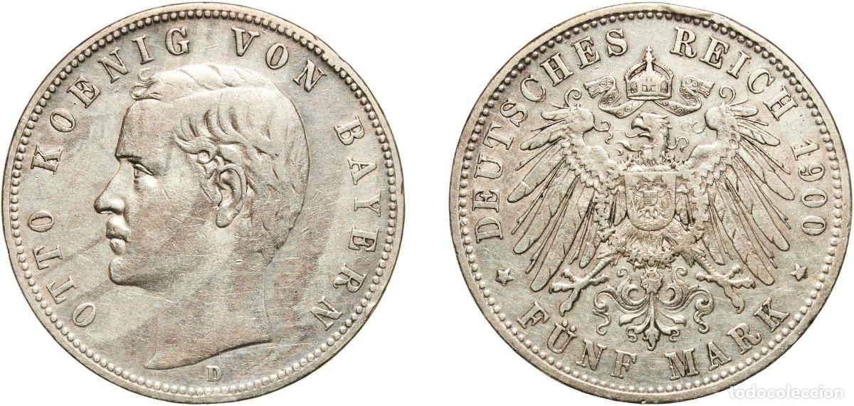 Monedas antiguas de Europa: Germany Kingdom of Bavaria Second Empire 1900 D 5 Mark - Otto Silver (.900) Munich Mint (295211) 27