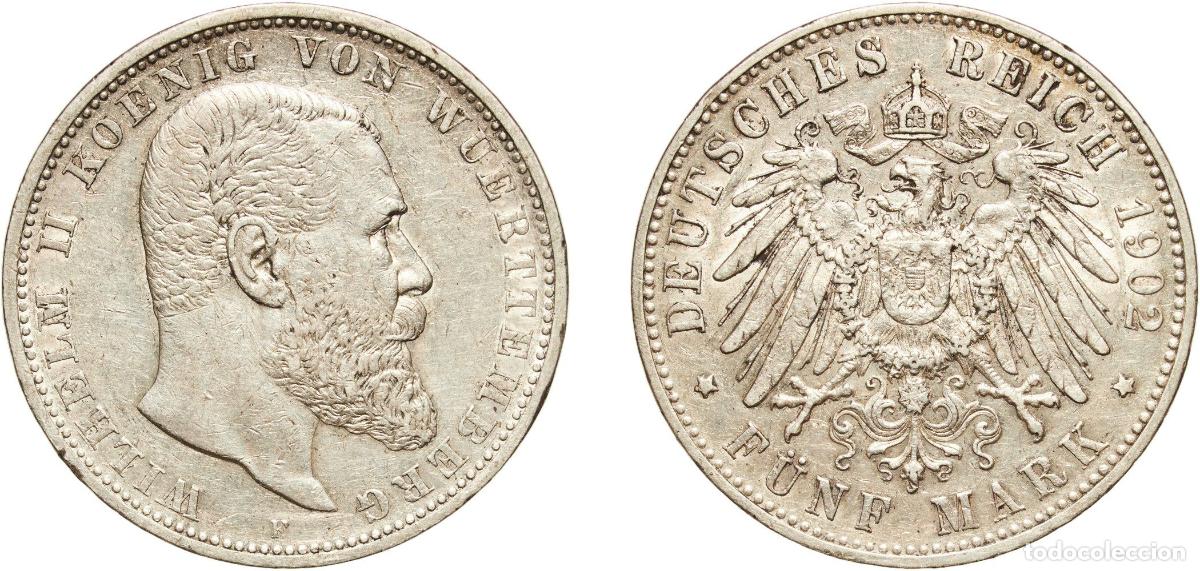 Monedas antiguas de Europa: Germany Kingdom of W&uuml;rttemberg German states 1902 F 5 Mark - Wilhelm II Silver (.900) Staatliche M&uuml;