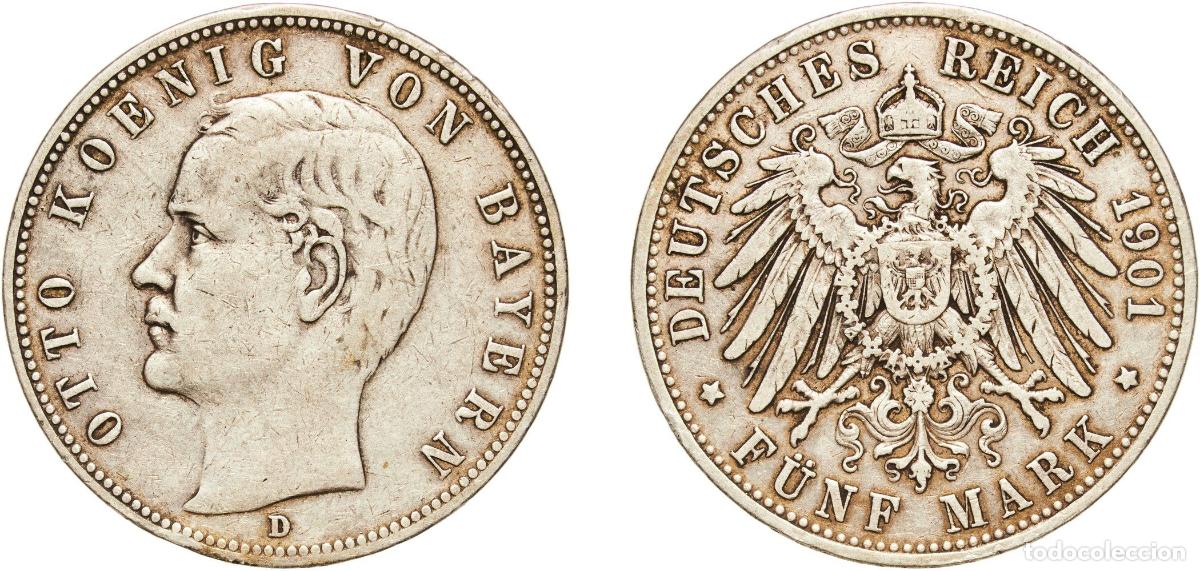 Monedas antiguas de Europa: Germany Kingdom of Bavaria Second Empire 1901 D 5 Mark - Otto Silver (.900) Munich Mint (295371) 27