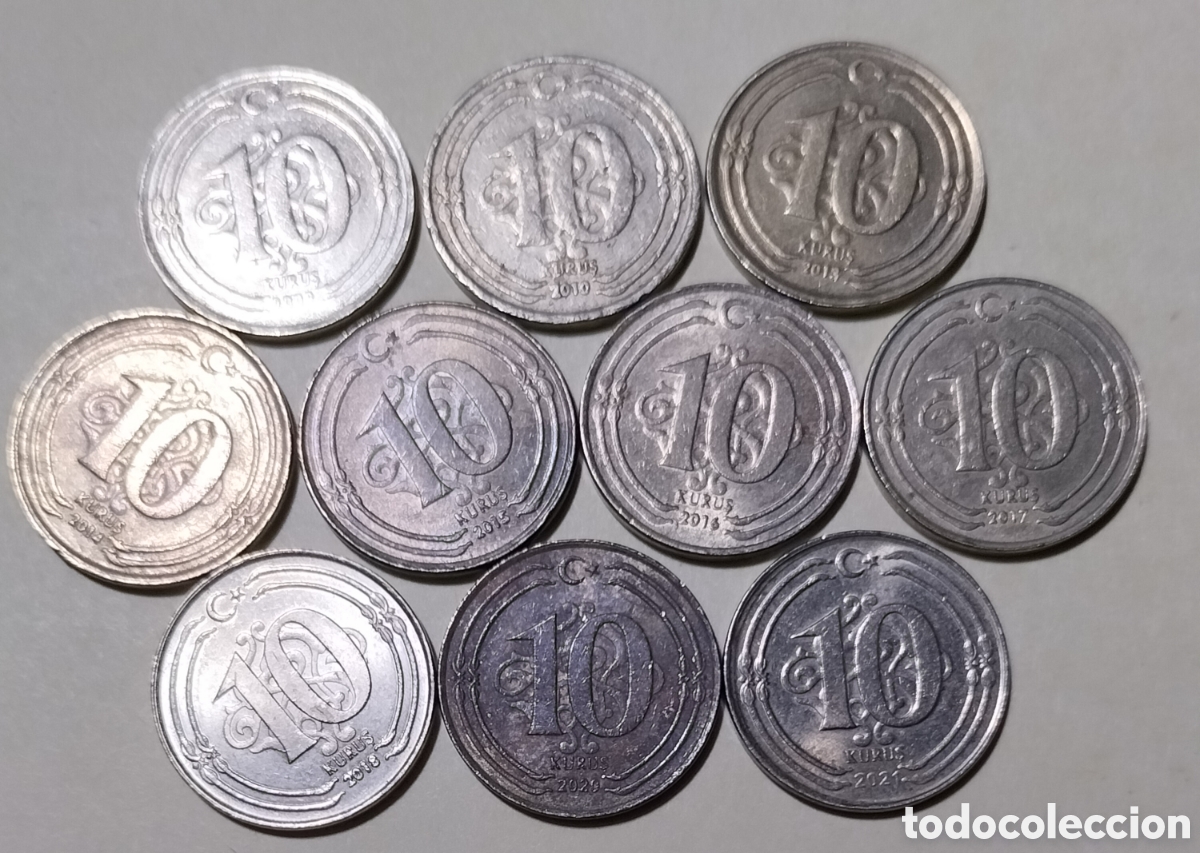 Monedas antiguas de Europa: Lote 10 Monedas Distintas De 10 Kurus Turqu&iacute;a.