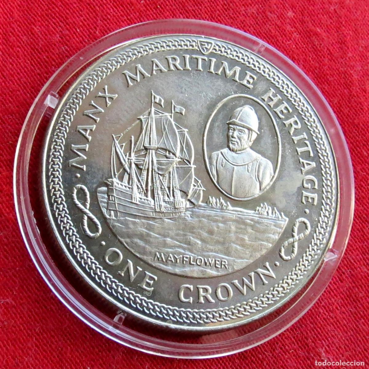 Monedas antiguas de Europa: Man 1 crown 1982 velero Mayflower