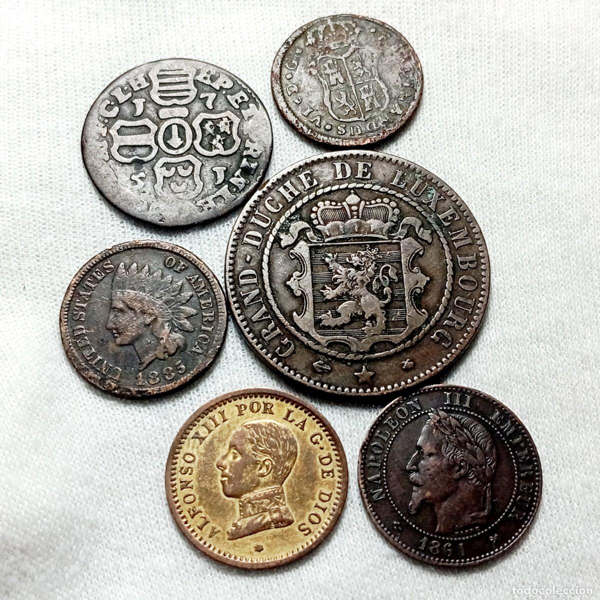 Monedas antiguas de Europa: Lote 6 Monedas Antiguas Cobre Bronce Espa&ntilde;a Catalu&ntilde;a Lieja EE.UU. Francia Luxemburgo S.XVIII-XX