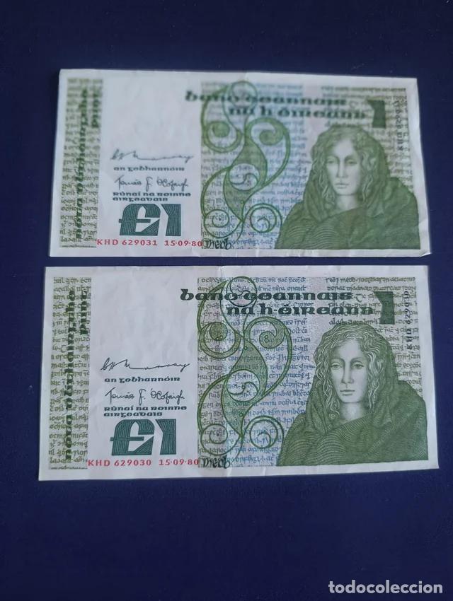 Monedas antiguas de Europa: Lote 2 Billetes de 1 Libra Irlandesa Correlativos (1980) - Serie B - Reina Medb -