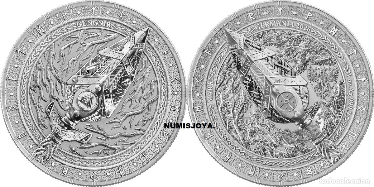Monedas antiguas de Europa: Germania 2026. 5 Marcos onza plata Artefactos GUNGNIR. Peso 31,10 gr. Ley 999.