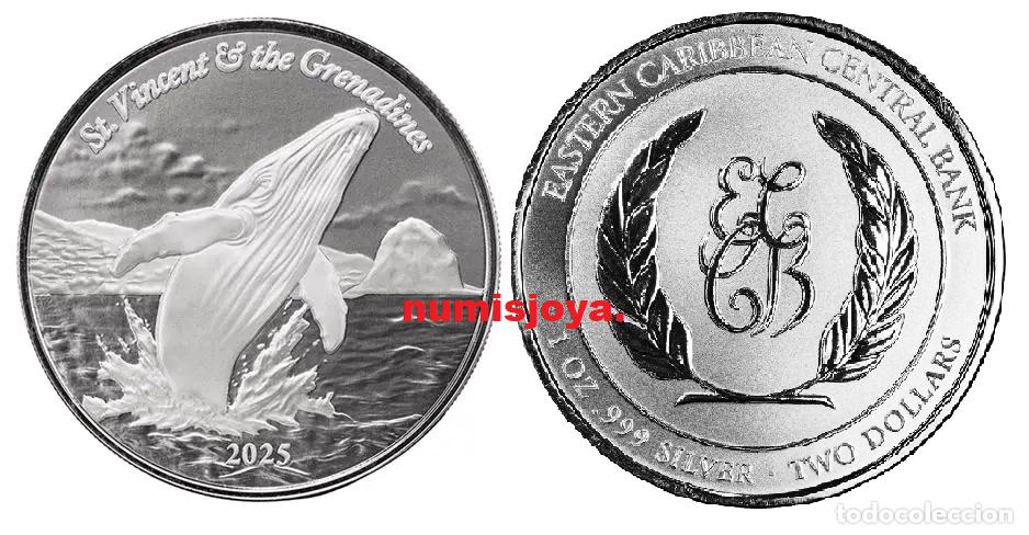 Monedas antiguas de Europa: GRANADINAS DE SAN VICENTE a&ntilde;o 2026 2 DOLLARS ONZA PLATA BALLENA JOROBADA.. Peso 31,10 gr.